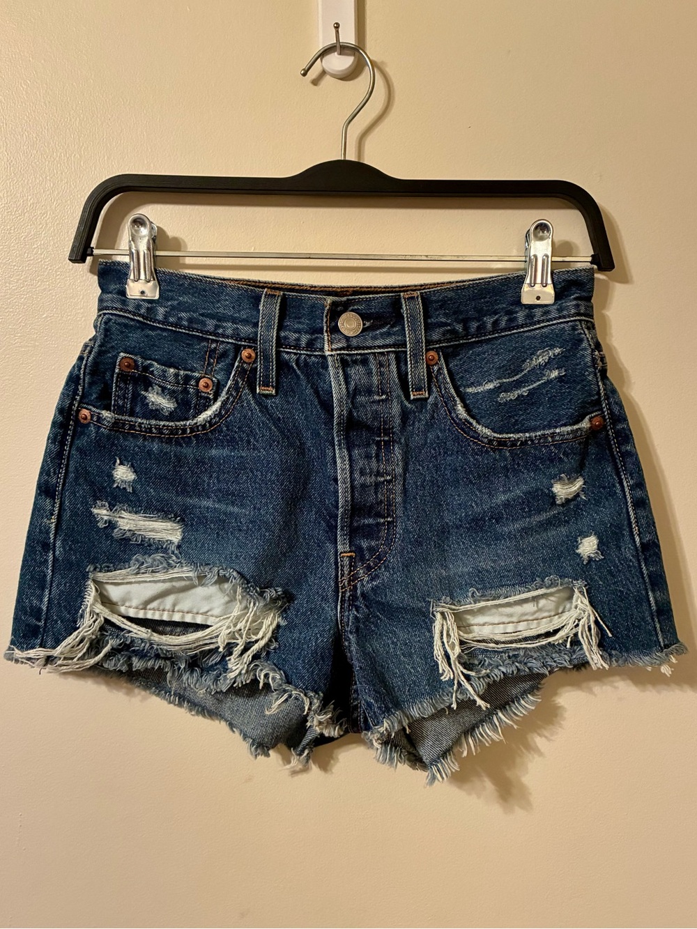 Levi's 501 Heavily Distressed High-Rise Buttonfly Denim Shorts Boho Festival 24
